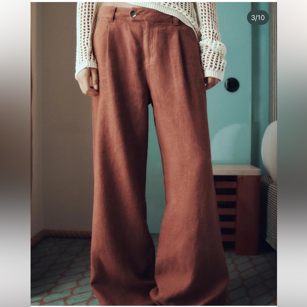ZARA Terracotta Linen Wide Leg Pleated Pants Rust Brown Boho Trouser Women’s M